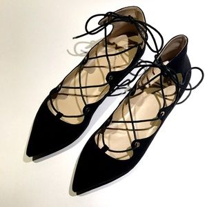 Blk Faux Suede Pointy-toe Lace-up Flats SZ 10